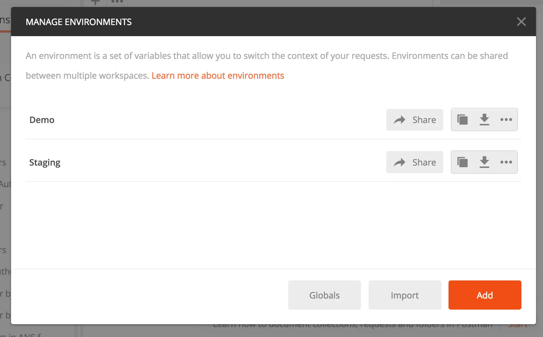 Manage Environments Screenshot