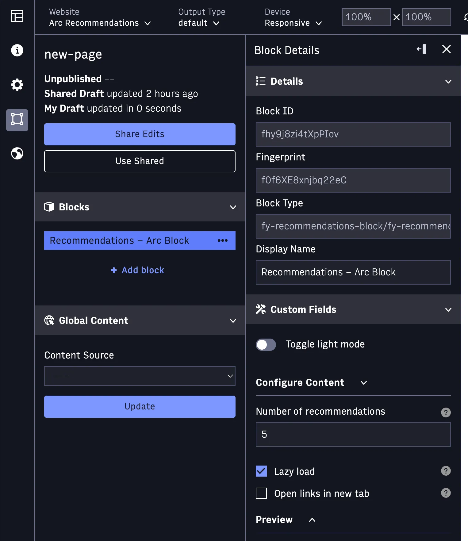 Adding the Recommendations feature block to a page in the PageBuilder editor