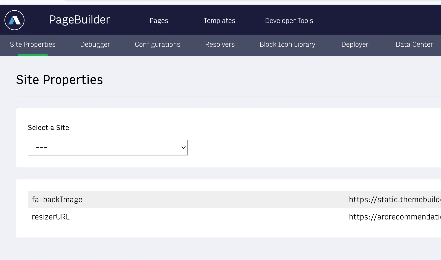 Setting the block's site properties in the PageBuilder admin