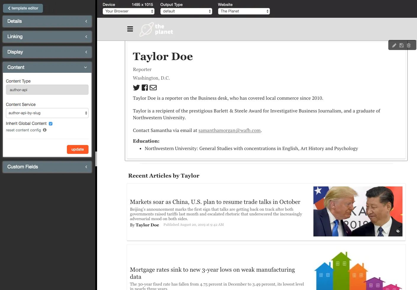 webpage with example content