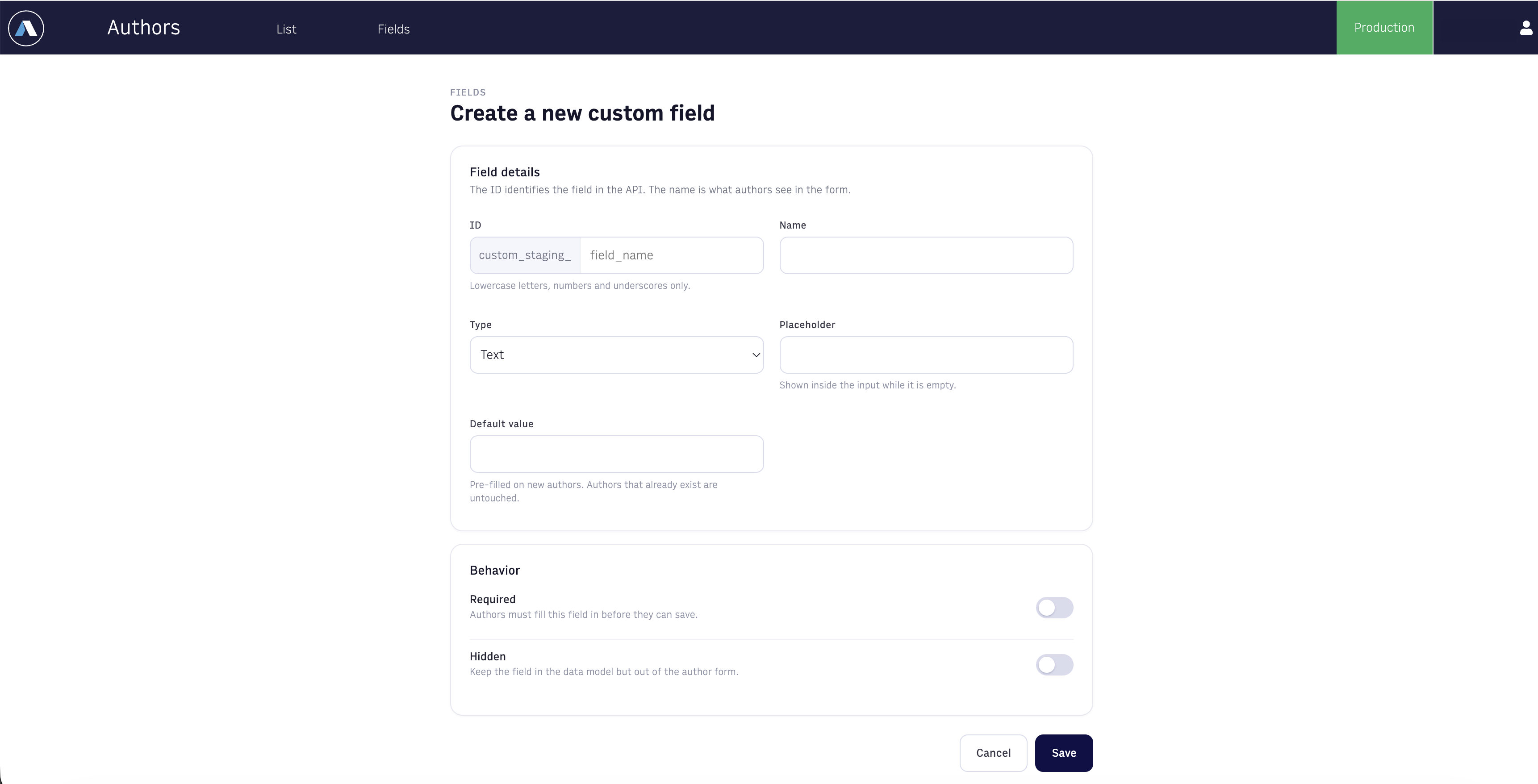create a new custom field form