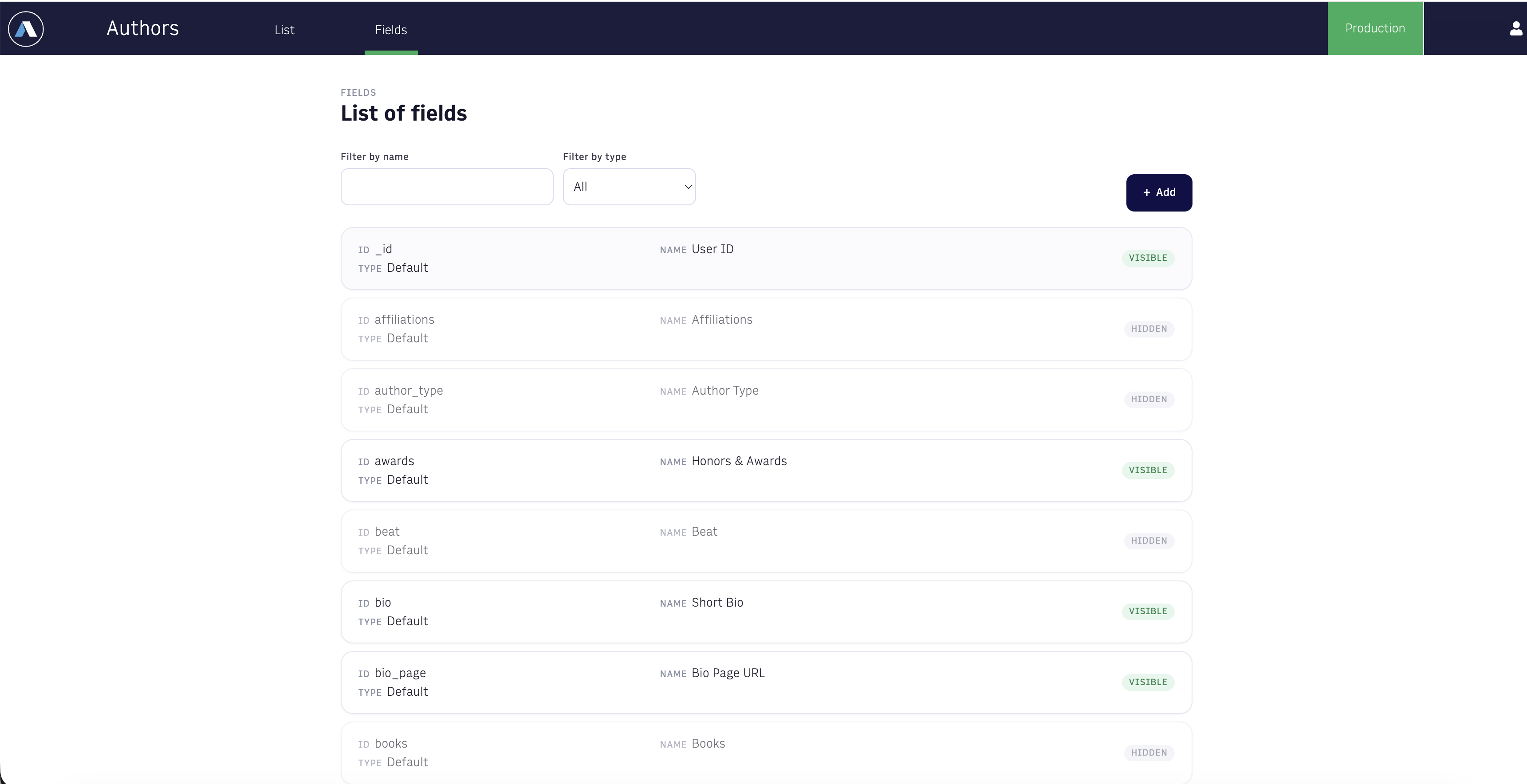 list of fields view