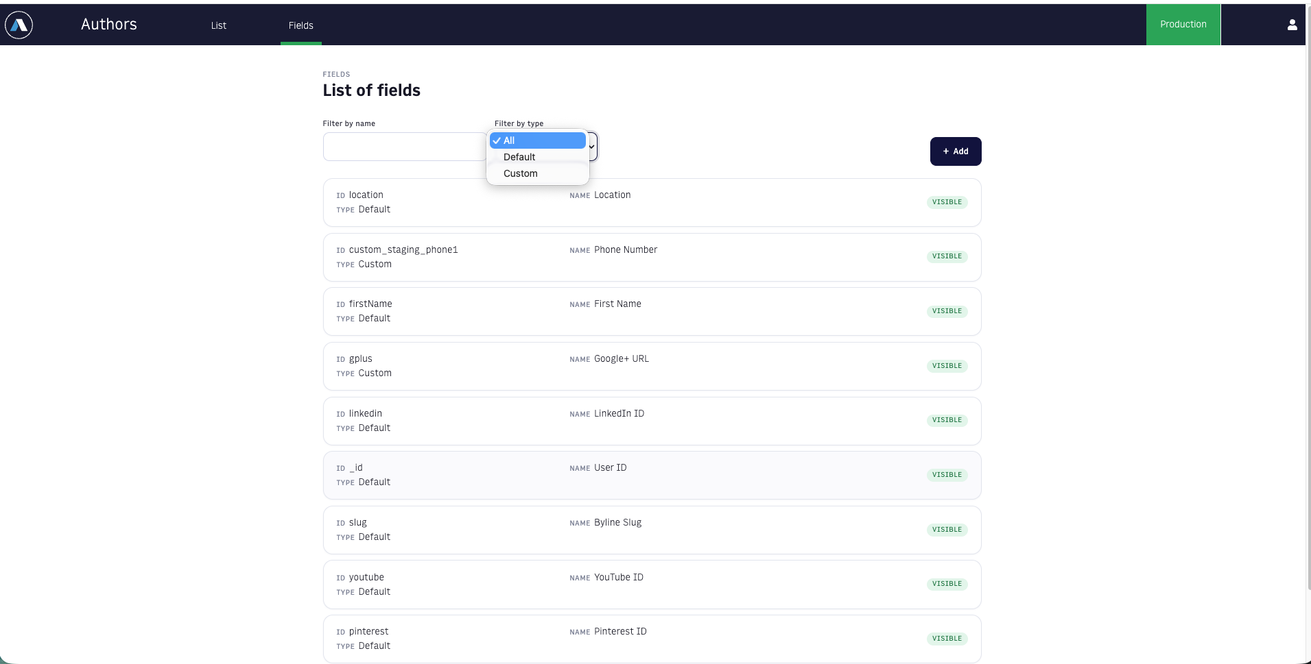 list of fields filter by type