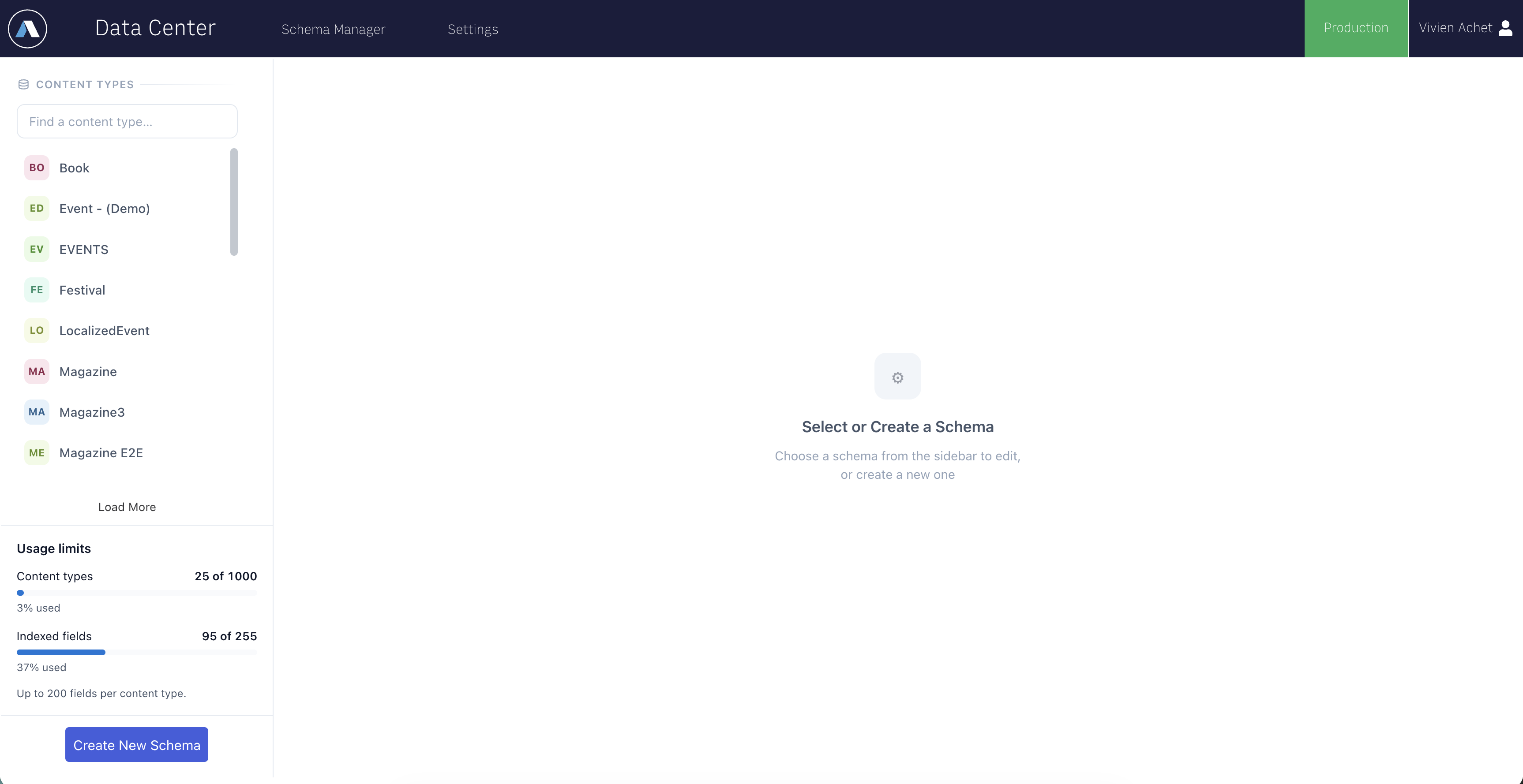 Content Types: the sidebar lists every schema with the usage limits beneath, and the main panel invites you to select or create one