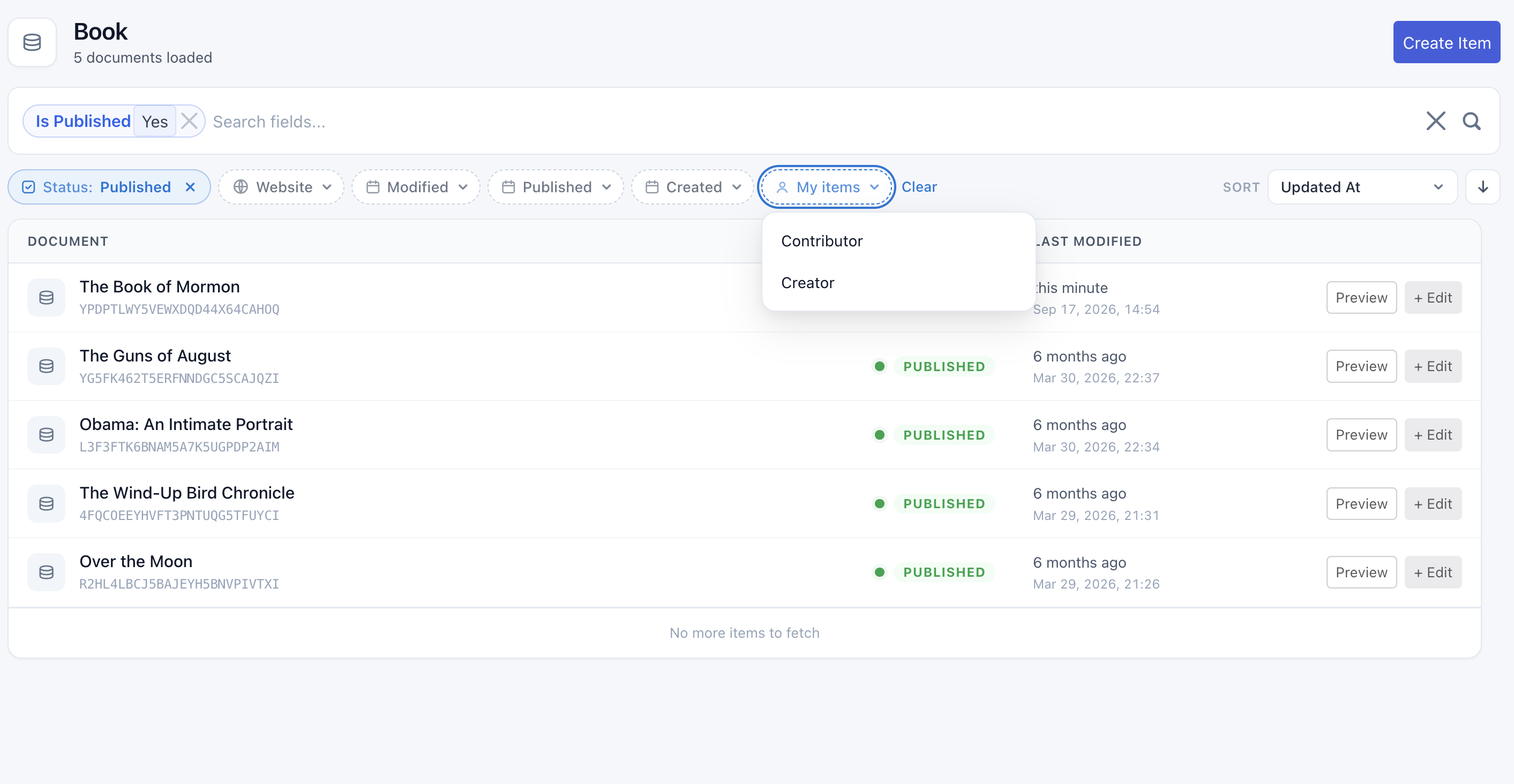 The Book record list: a search bar, filter pills for Status, Website, Modified, Published, Created and My items, the sort control, and a table of records with Preview and Edit