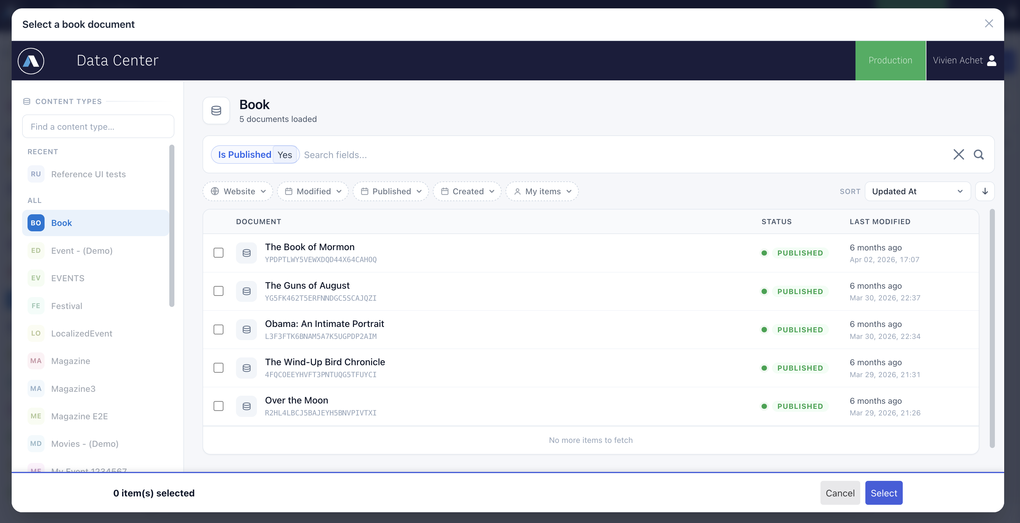 The record picker: Data Manager's own Book list in select mode, with checkboxes and a Select button