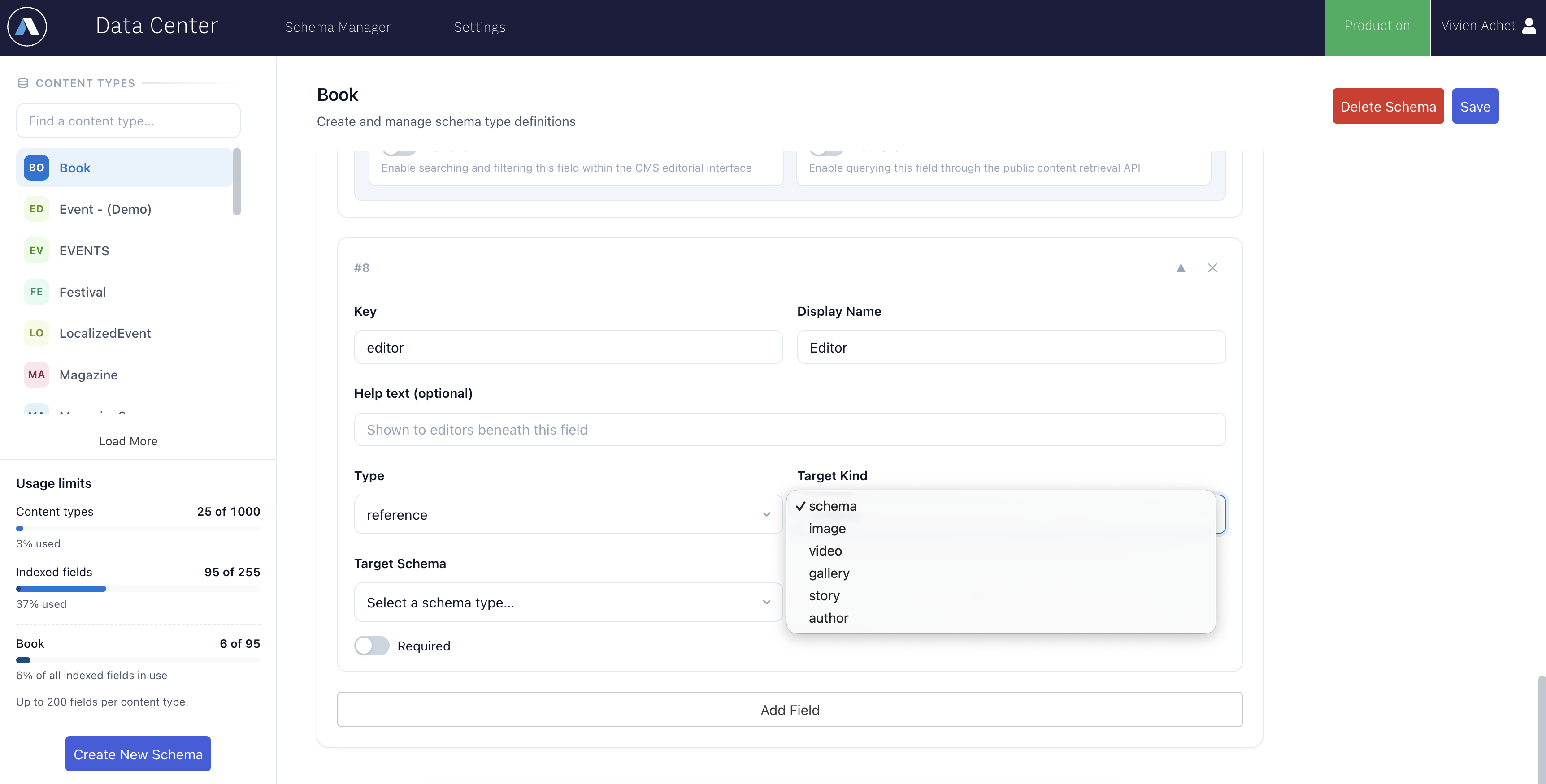 A reference field with the Target Kind list open: schema, image, video, gallery, story, author