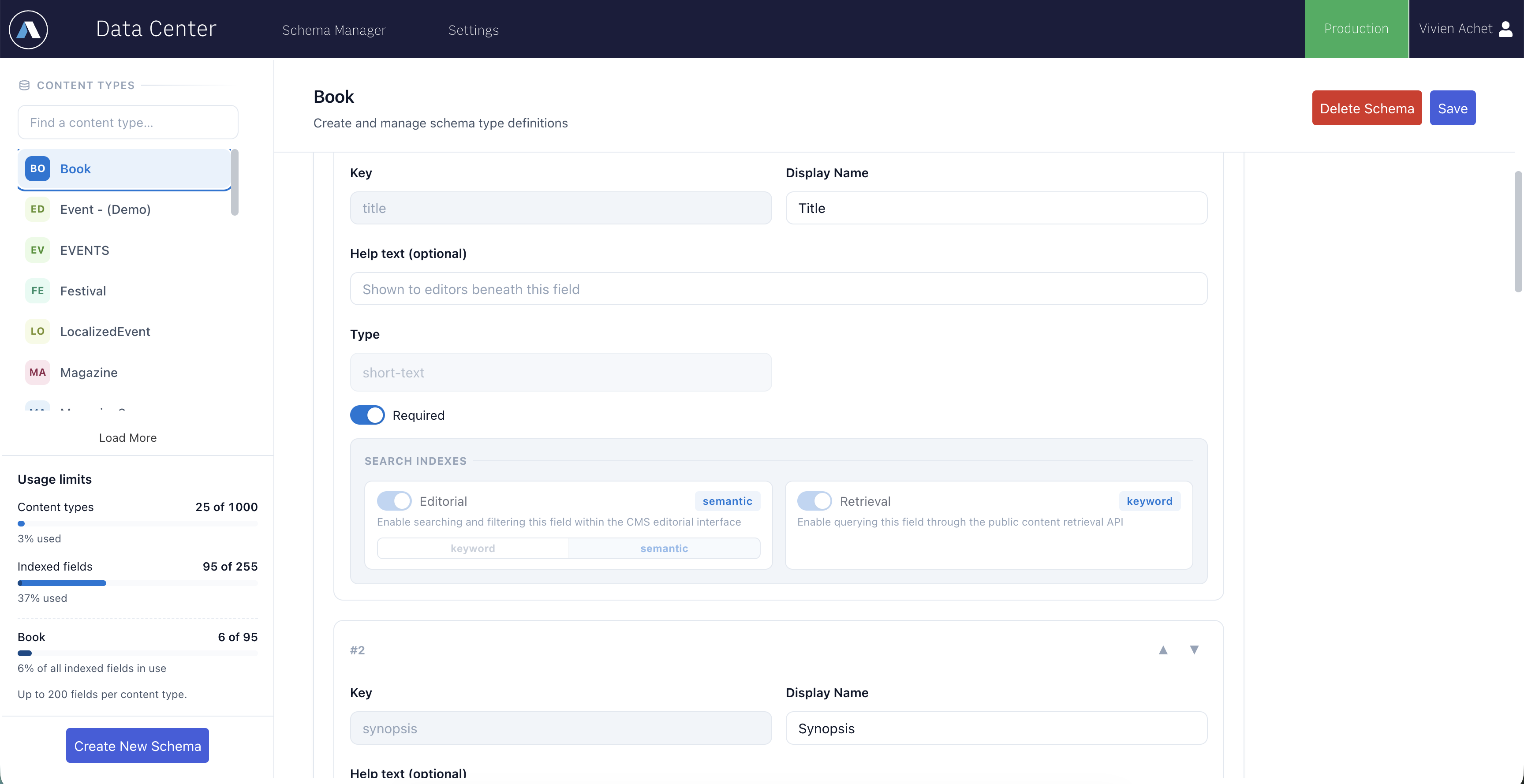 A saved field: key and type are greyed out, display name and help text remain editable, and the Search Indexes panel shows the editorial and retrieval toggles