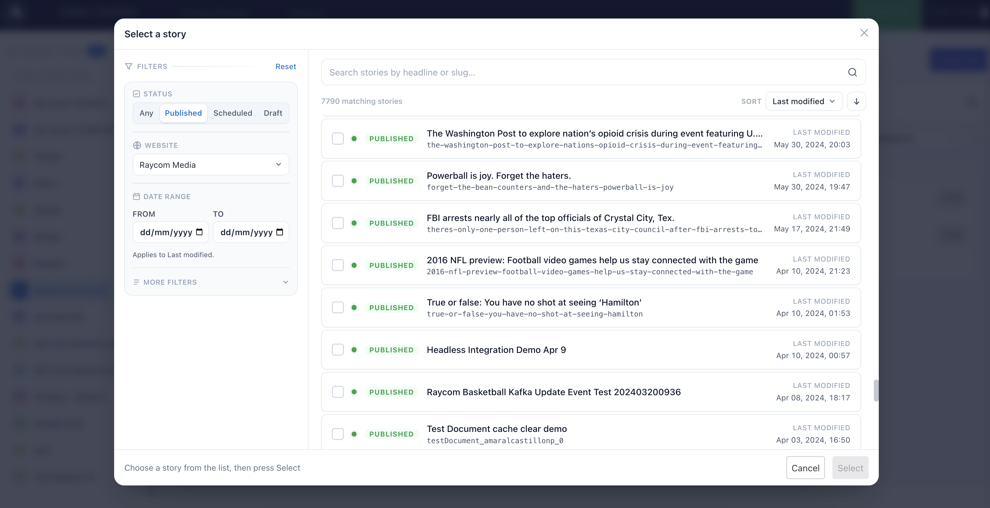 The story picker: filters for status, website and date range on the left, a searchable list of stories with checkboxes on the right