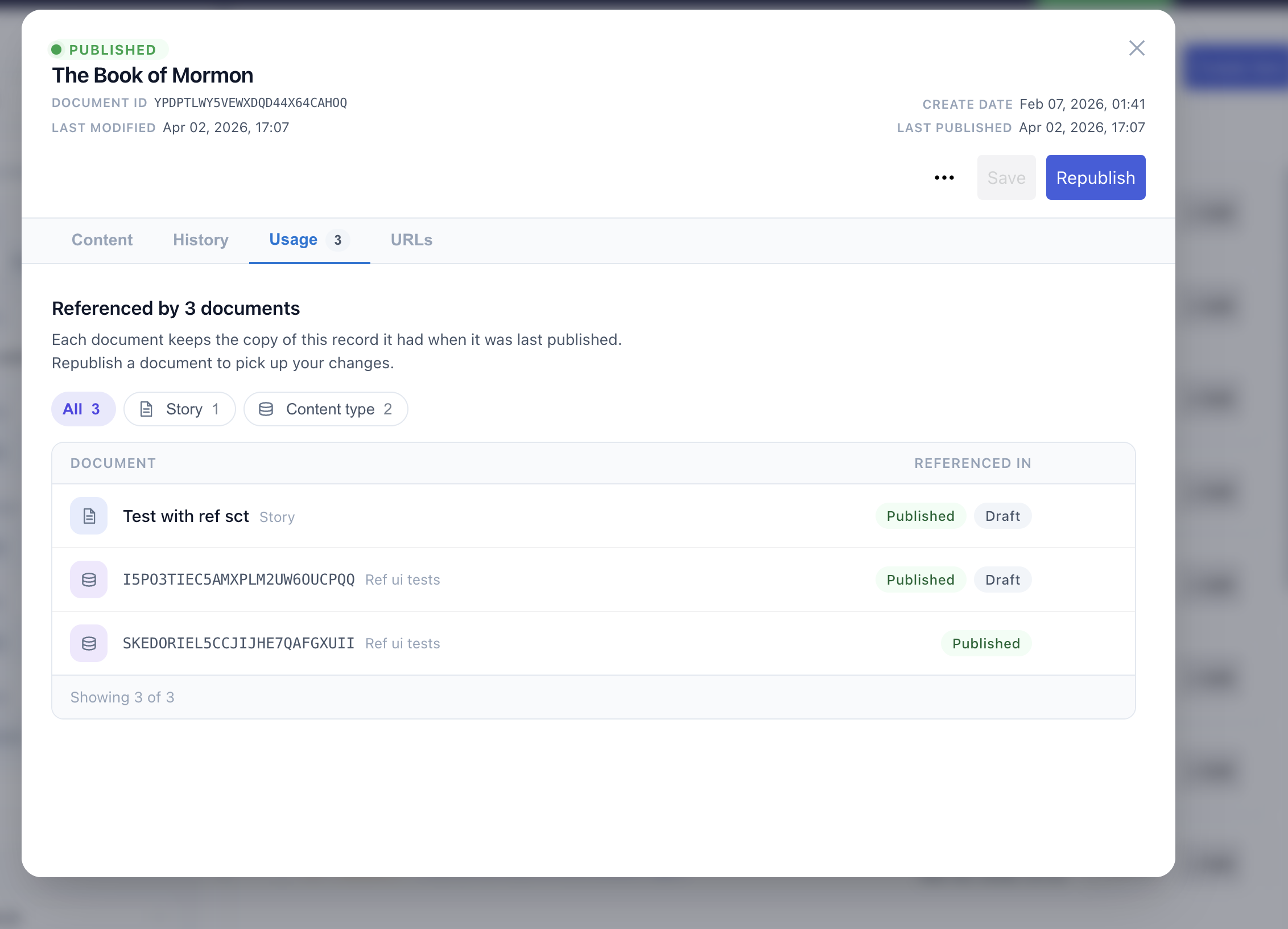 The Usage tab: Referenced by 3 documents, filter chips for All, Story and Content type, and a table of the referencing documents with their Published or Draft state