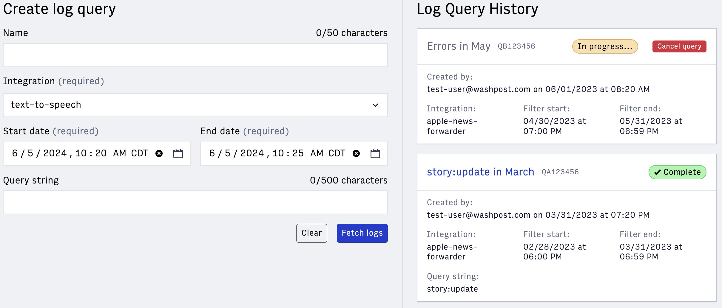 Integration Log UI