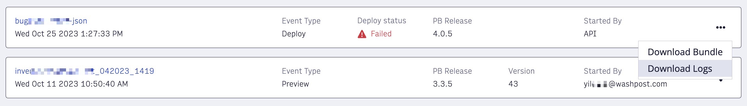 Download logs for failed deployments