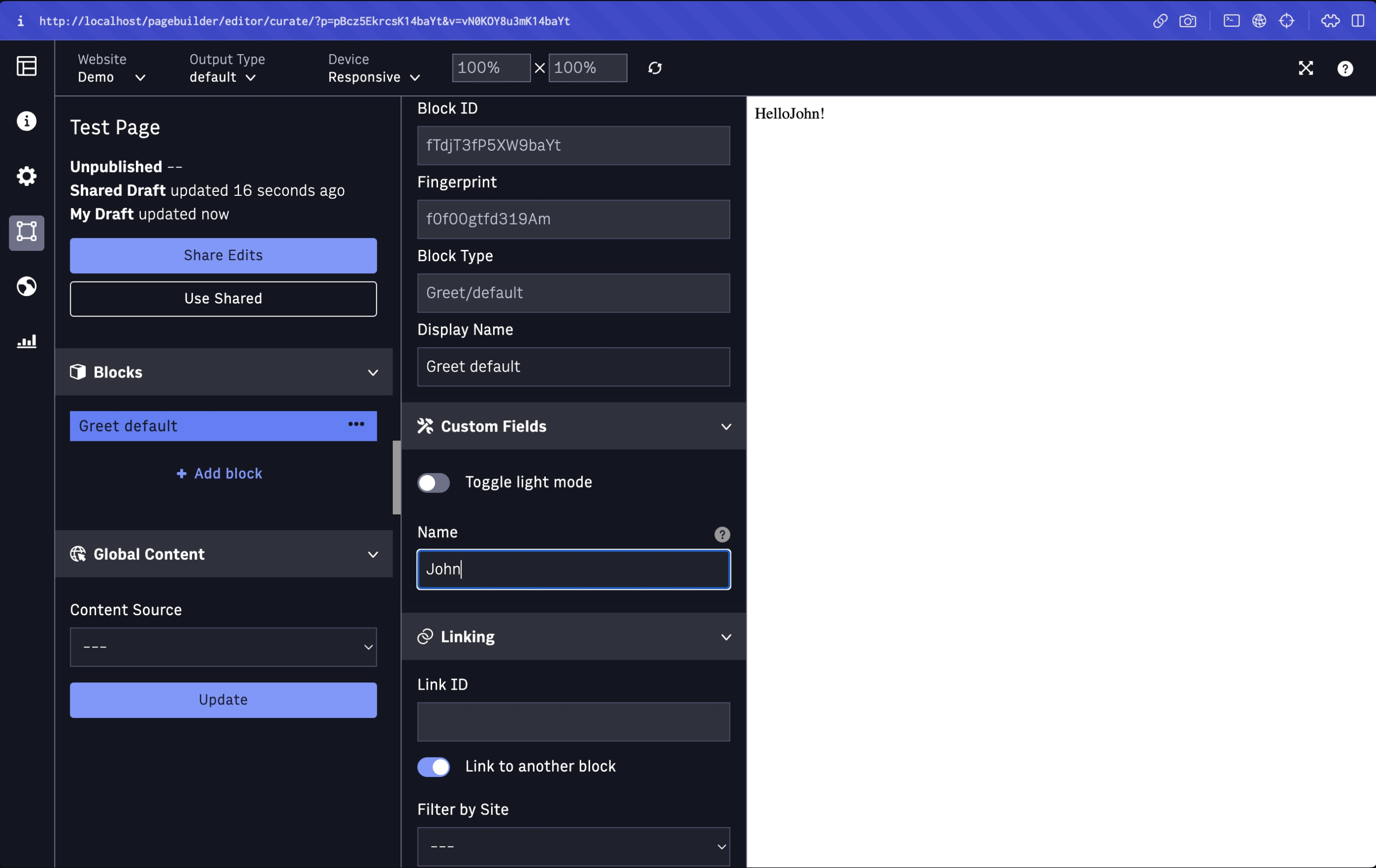 PageBuilder TestPage CustomFields