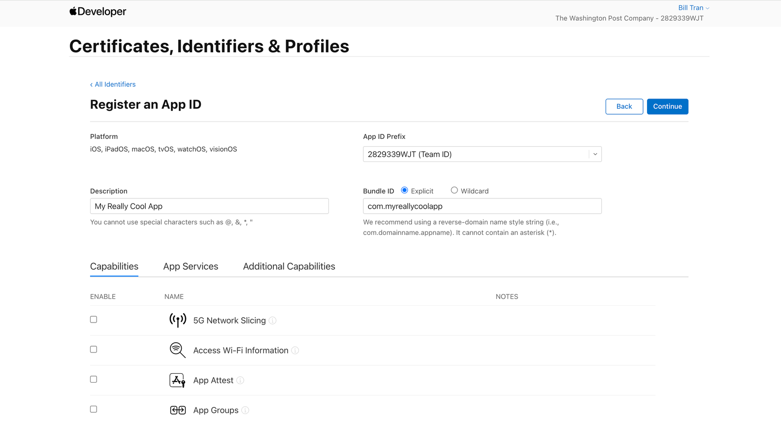 Apple developer console App details