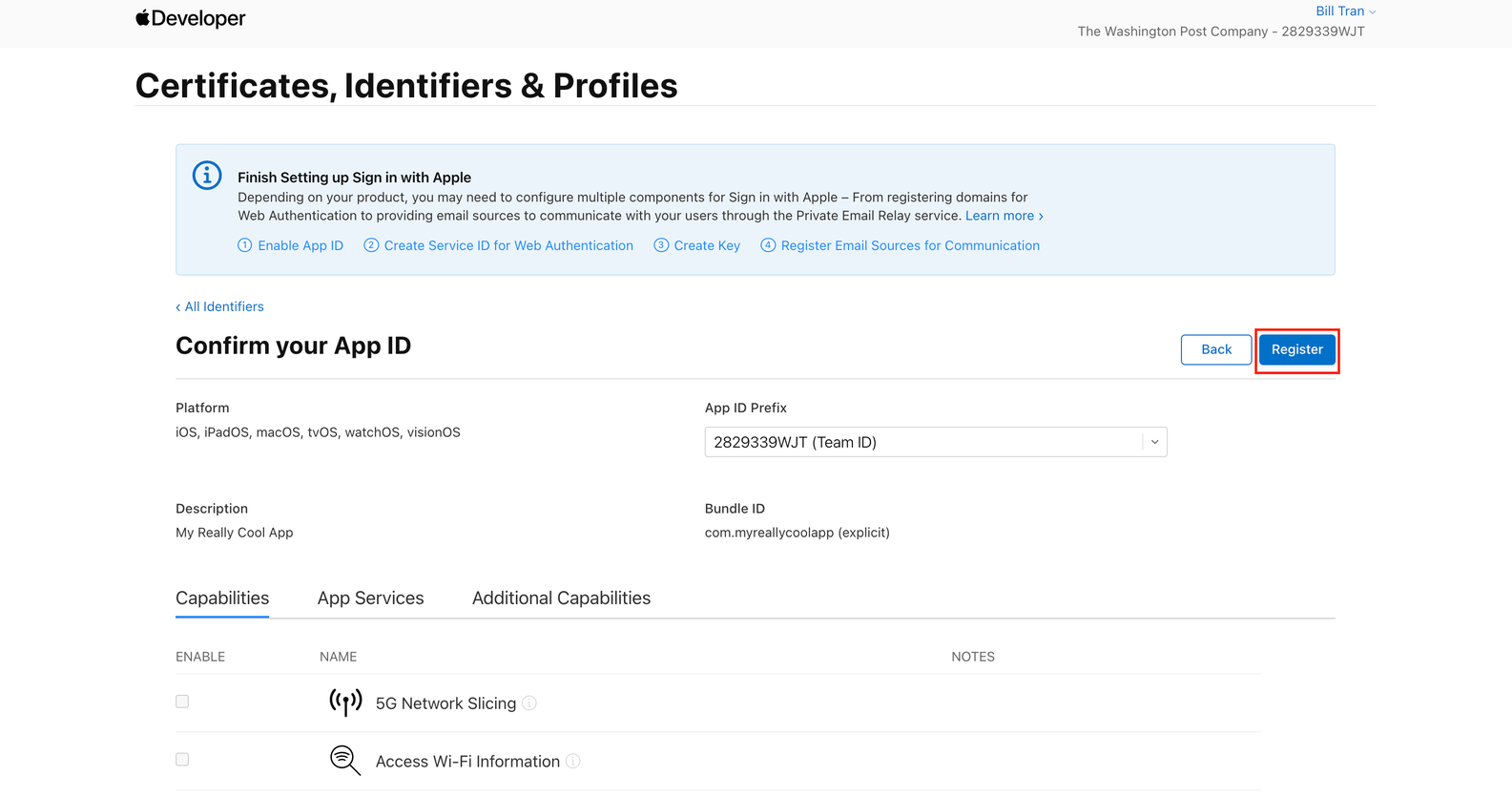 Apple developer console Register App ID