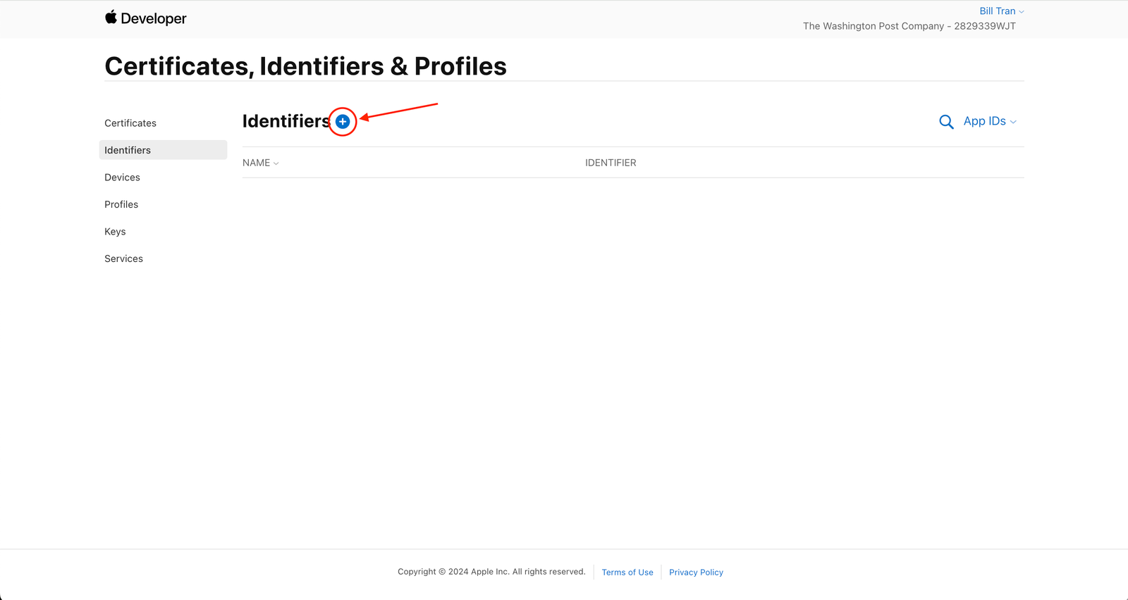 Apple developer console Certificates Identifiers and Profiles