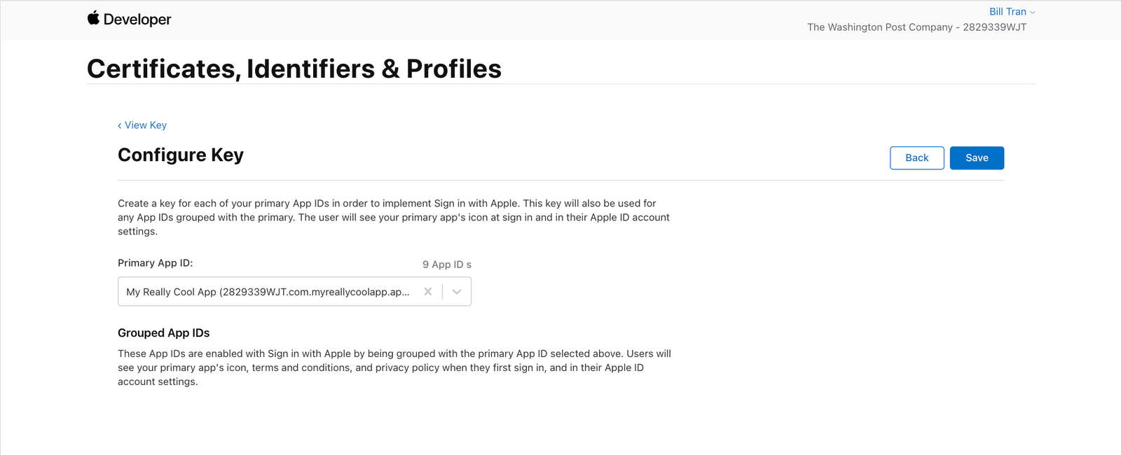 Apple developer console Add Private key App ID