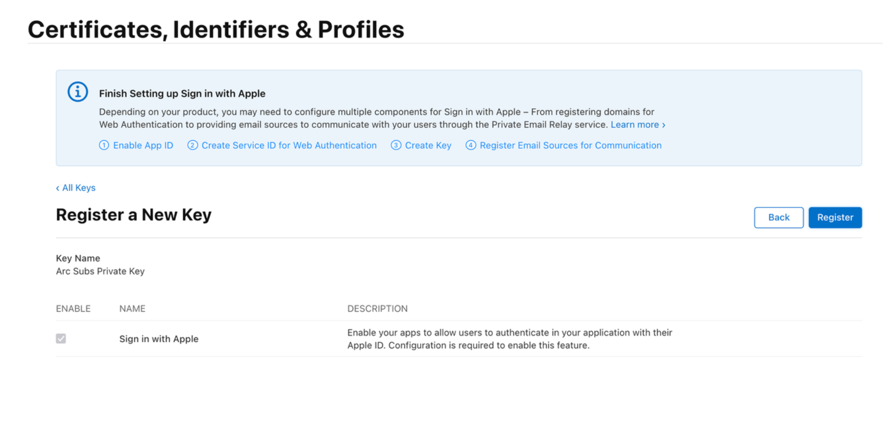 Apple developer console Add Private key Register