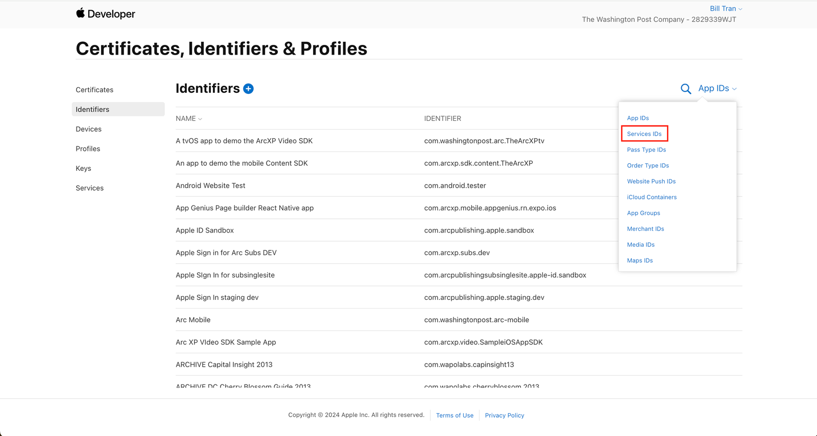 Apple developer console Service ID Filter