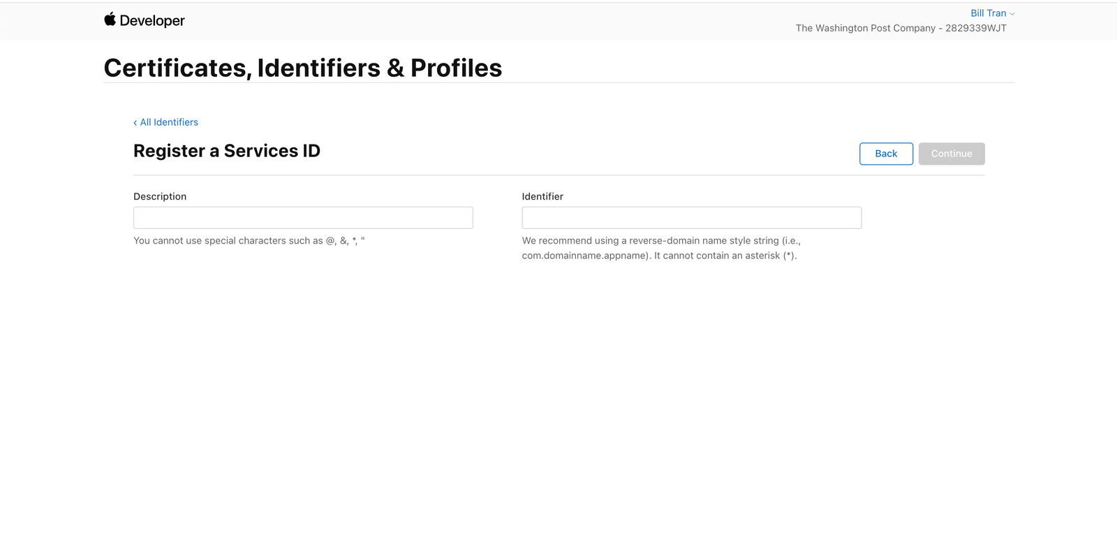 Apple developer console Register Service ID