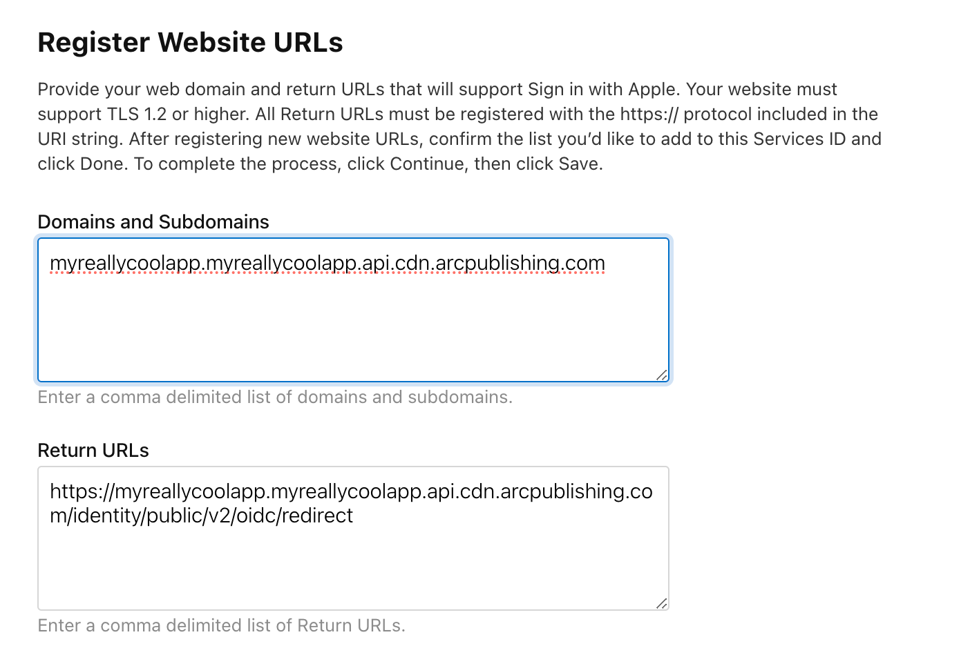 Apple developer console Service ID Register Website URLs