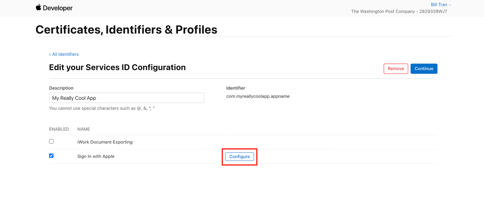 Apple developer console Service ID Configure Sign In with Apple