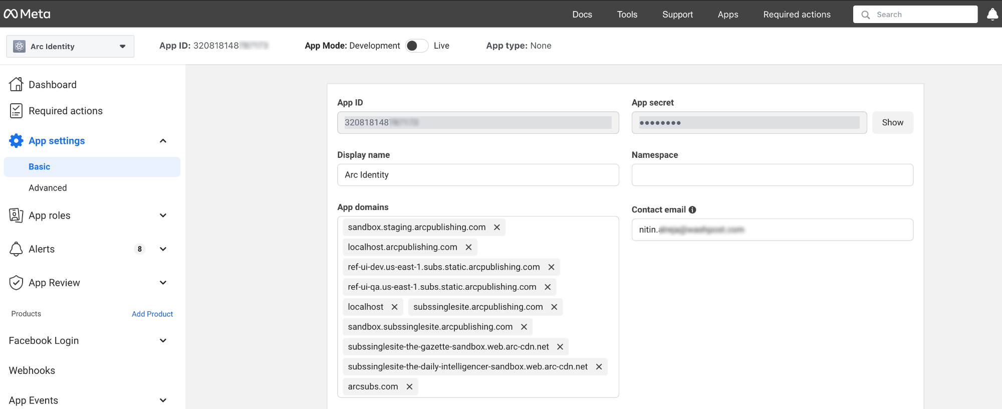 Facebook developer console