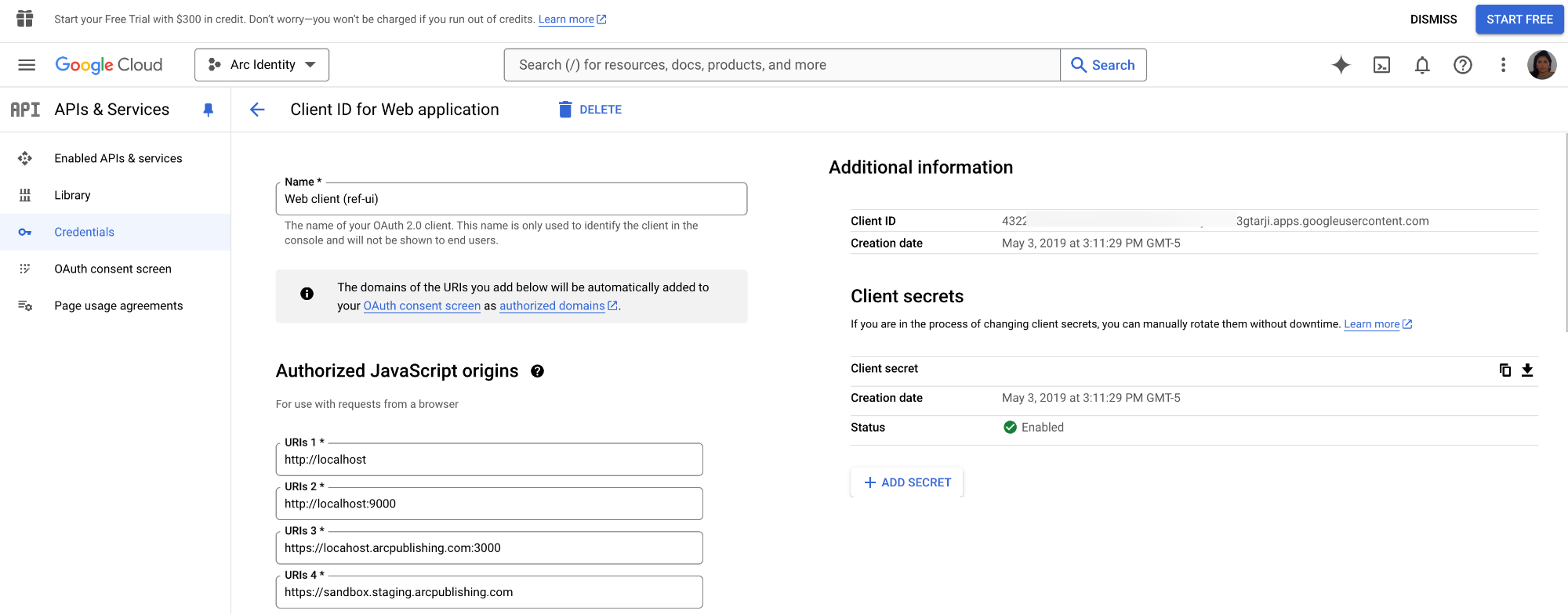 Google developer console Credentials