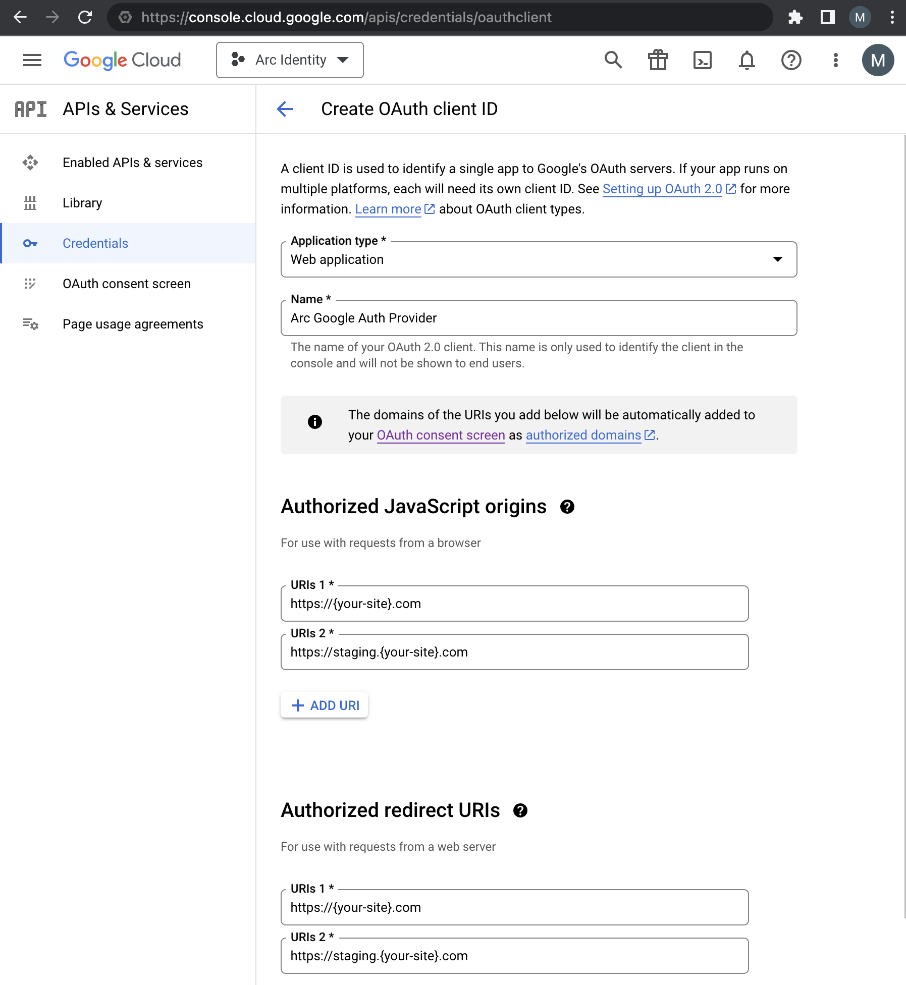 Google developer console OAuth Client