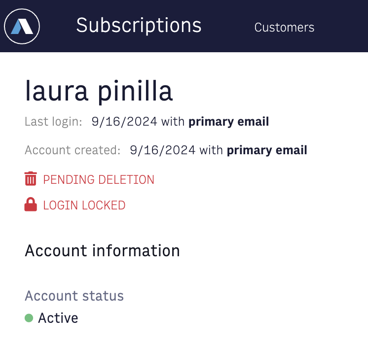 User account details pending deletion and login locked
