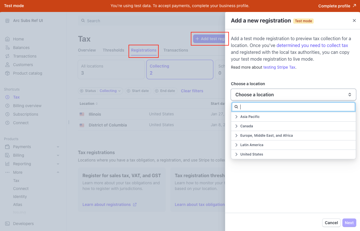 Locations to apply taxes